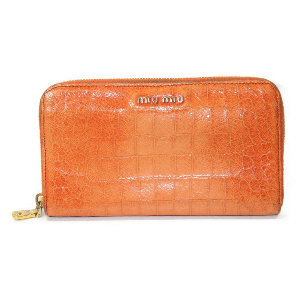 Miu MIu Crocodile embossed round zipper long wallet orange leather